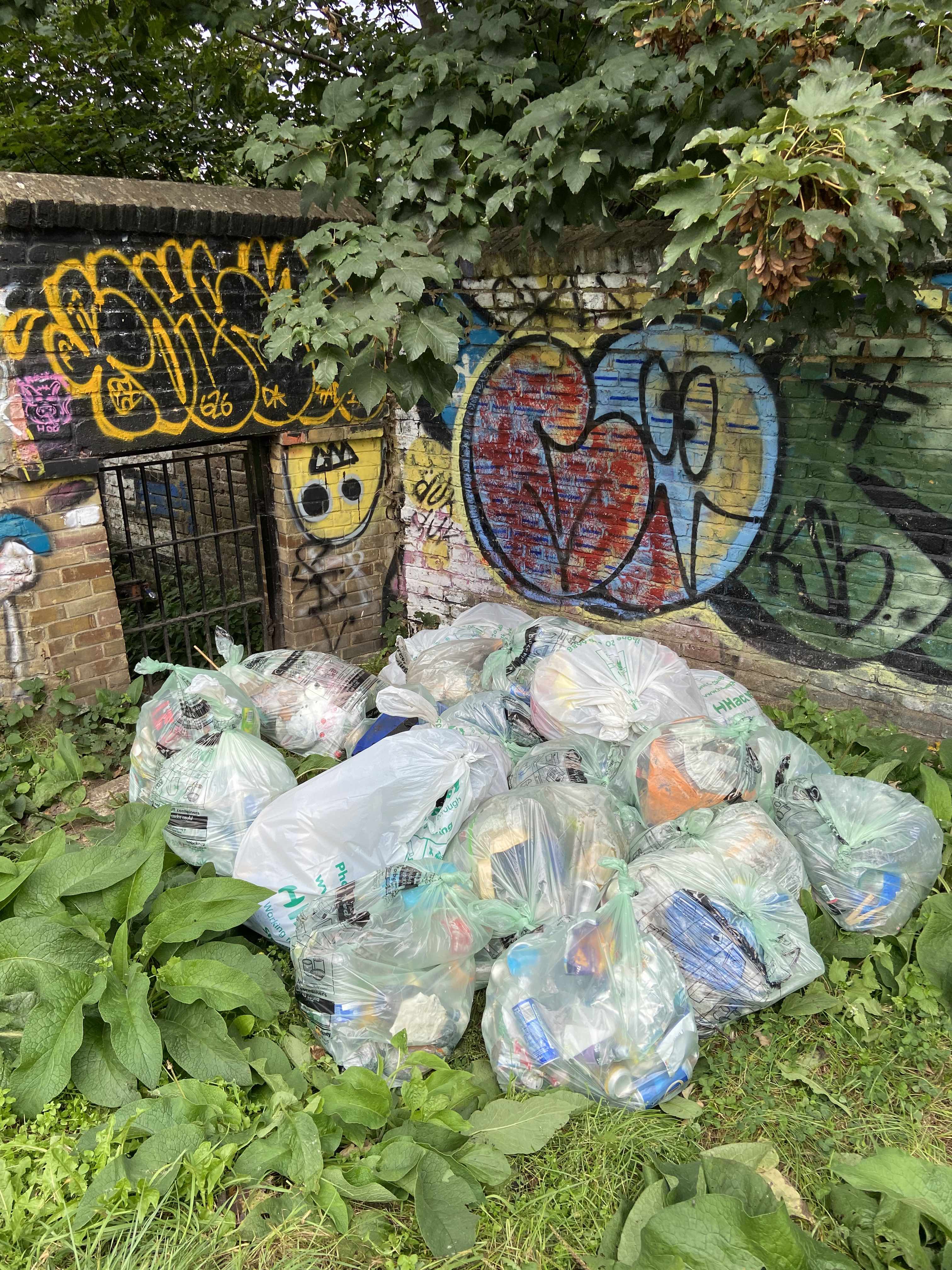 A pile of trash after a litter pick up in Hackney